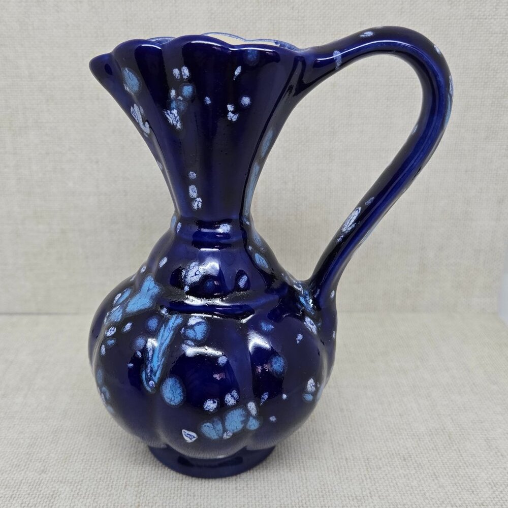 Vintage Hand Painted Blue Speckle Pitcher Ceramic Vase, 1978